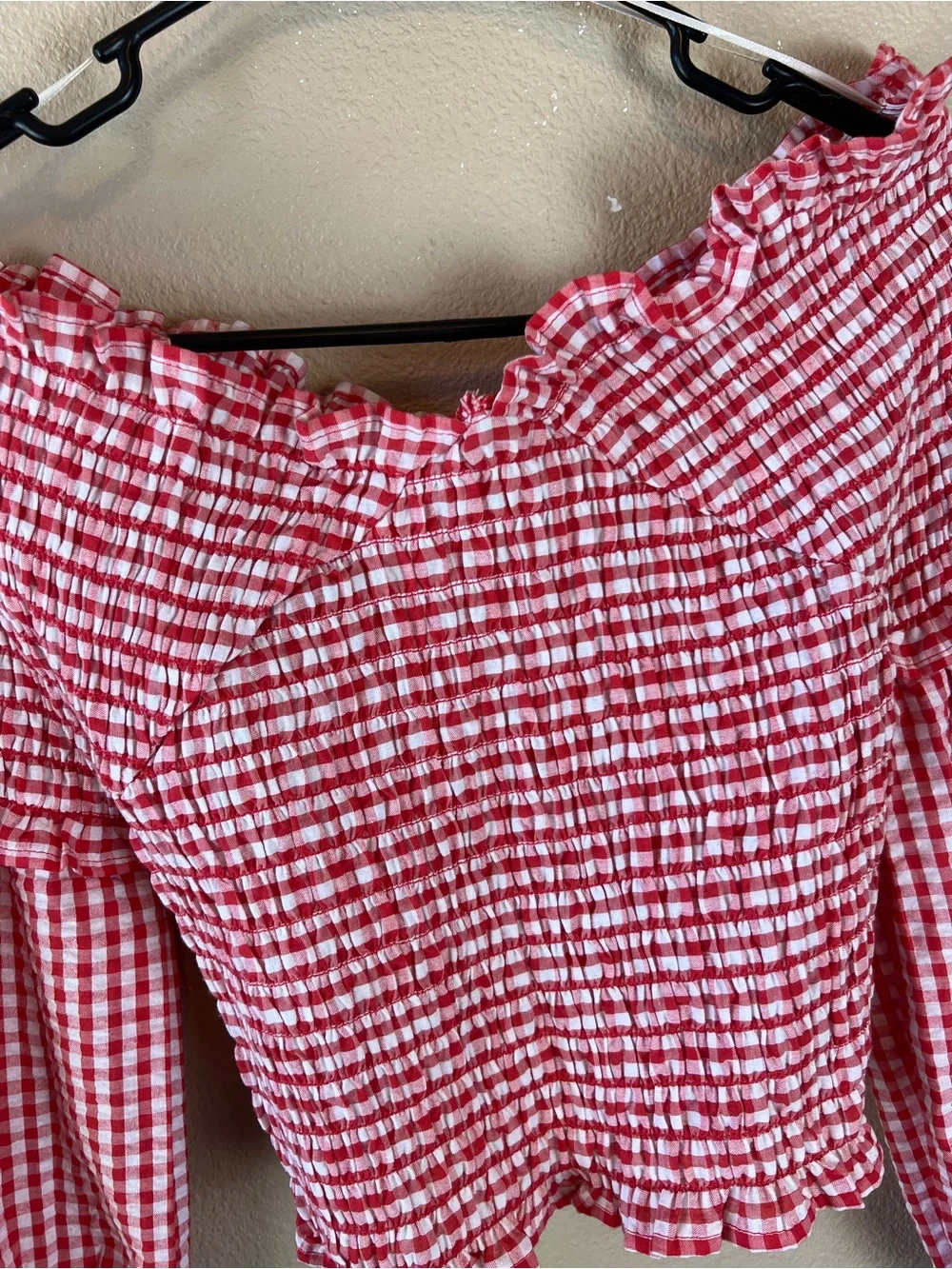 Zara red and white smocked gingham crop top